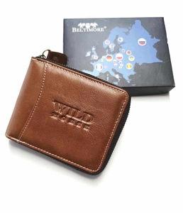Pánska kožená horizontálna peňaženka Wild Horse RFiD na zips, hnedá