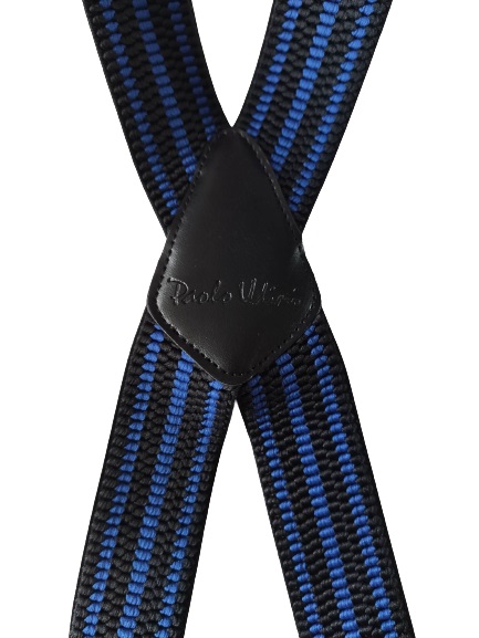 Pánske traky Paolo Udini typ X, čierne s modrými pásikmi 4 cm /110 cm