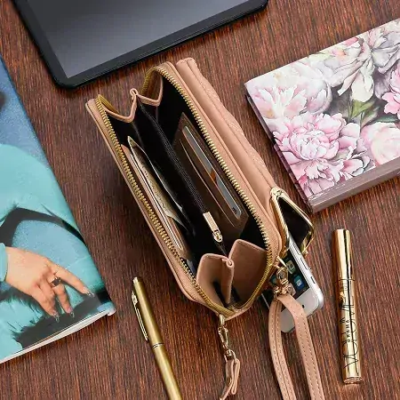 Dámska crossbody kabelka na mobil a peňaženka 2v1, béžová