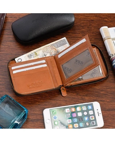 Pánska kožená horizontálna peňaženka Wild Horse RFiD na zips, hnedá