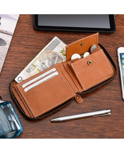 Pánska kožená horizontálna peňaženka Wild Horse RFiD na zips, hnedá