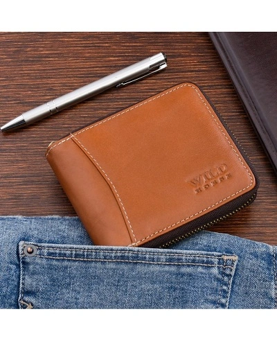Pánska kožená horizontálna peňaženka Wild Horse RFiD na zips, hnedá