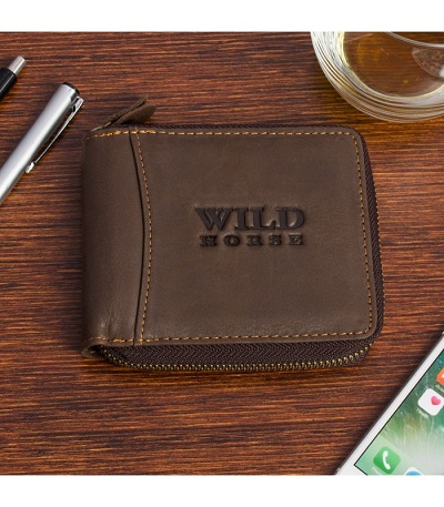 Pánska kožená horizontálna peňaženka Wild Horse RFiD na zips, tmavo hnedá
